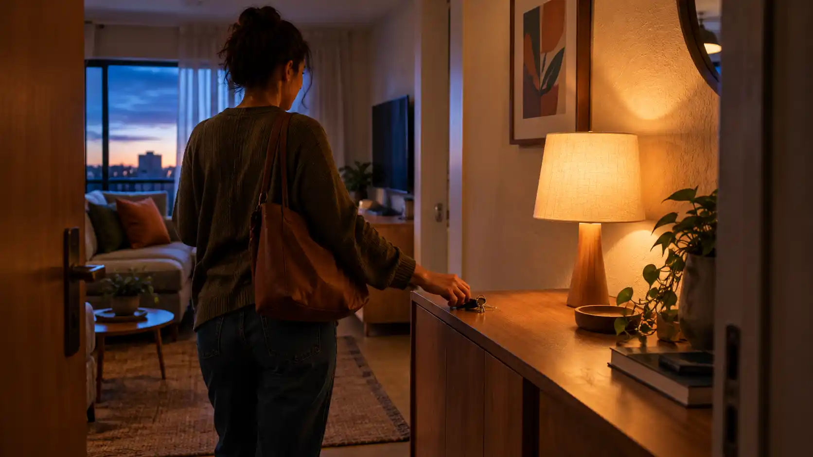 Pessoa chegando a um apartamento ao entardecer, com luminária de apoio acesa.