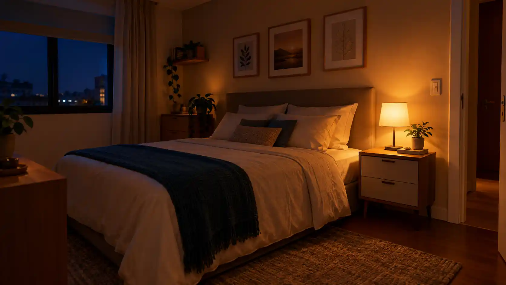 Quarto à noite com luminária de cabeceira acesa e iluminação principal apagada.