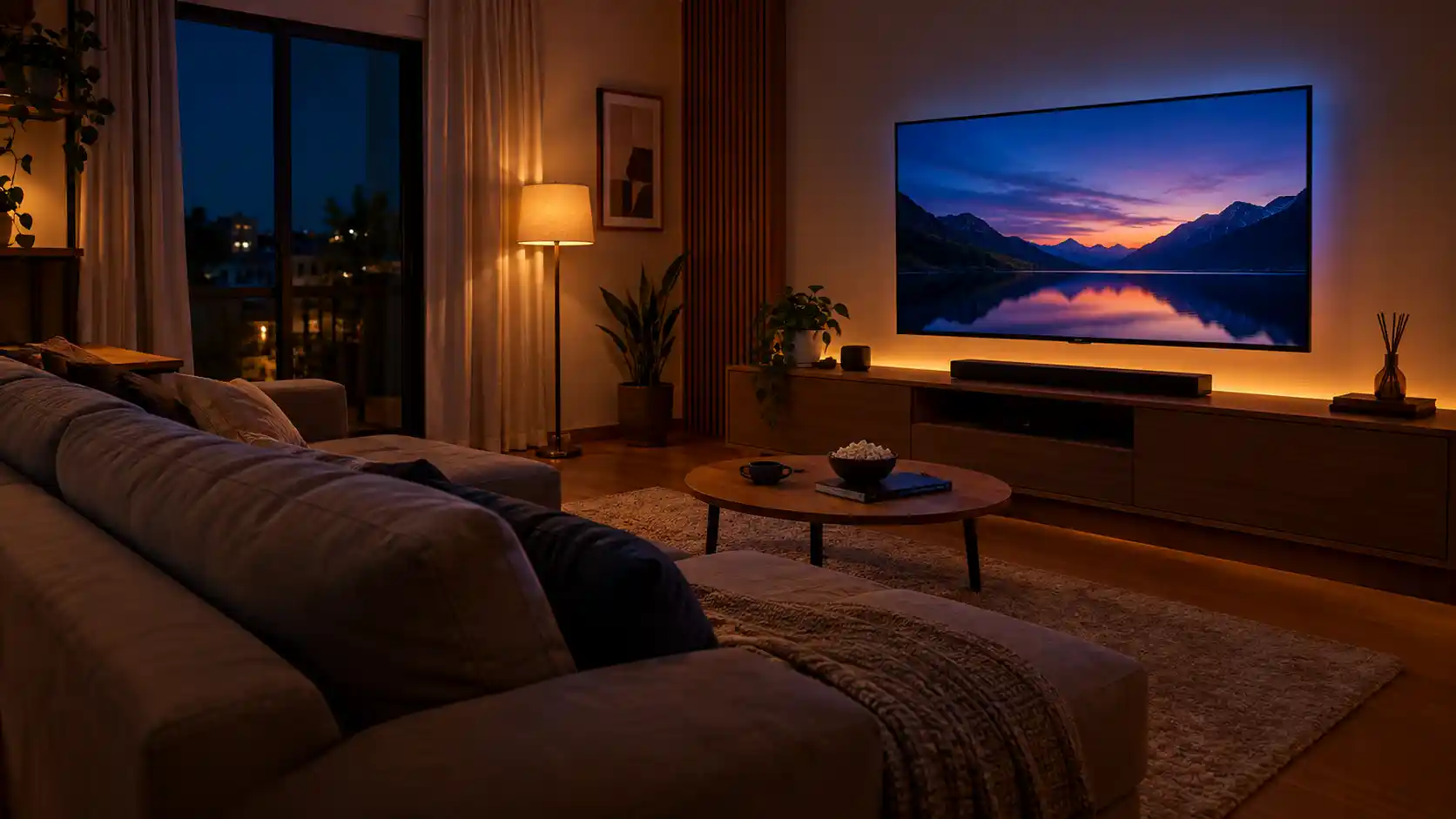 Sala com televisão ligada, luz suave atrás da tela e luminária lateral com brilho baixo.