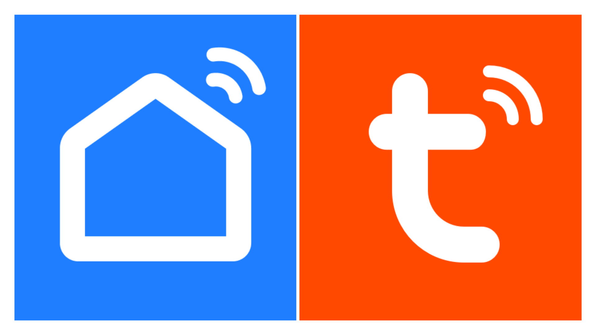 Os ícones na imagem representam os aplicativos Smart Life (fundo azul com o símbolo de uma casa) e Tuya Smart (fundo laranja com a letra "t"), ambos desenvolvidos pela Tuya Inc. para controle e automação de casas inteligentes.