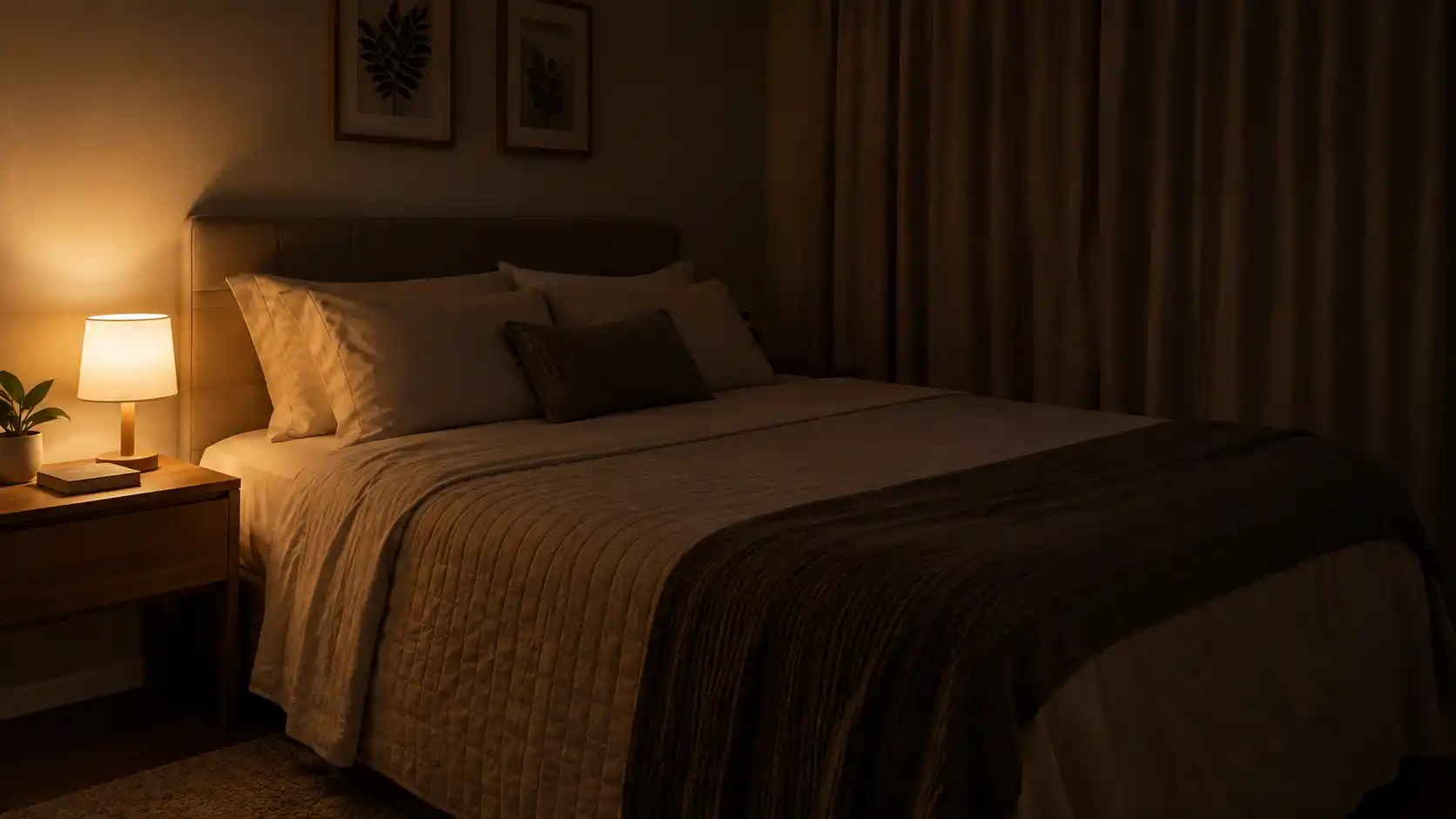 Quarto com luz principal apagada e luminária de cabeceira acesa.