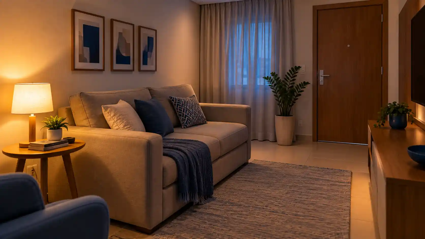 Sala de apartamento inteligente compacto com luz principal e luminária de apoio acesas.