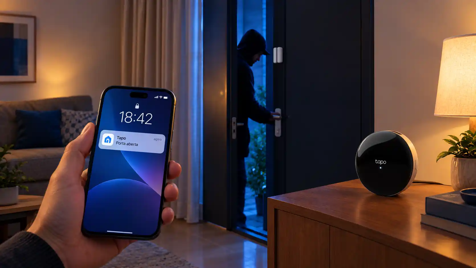 Sensor de abertura com aviso no celular em apartamento inteligente