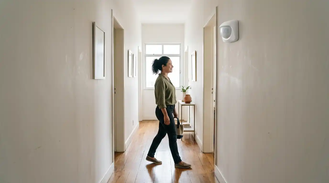 Pessoa atravessando um corredor com sensor de presença instalado na parede lateral, sem obstáculos à frente.