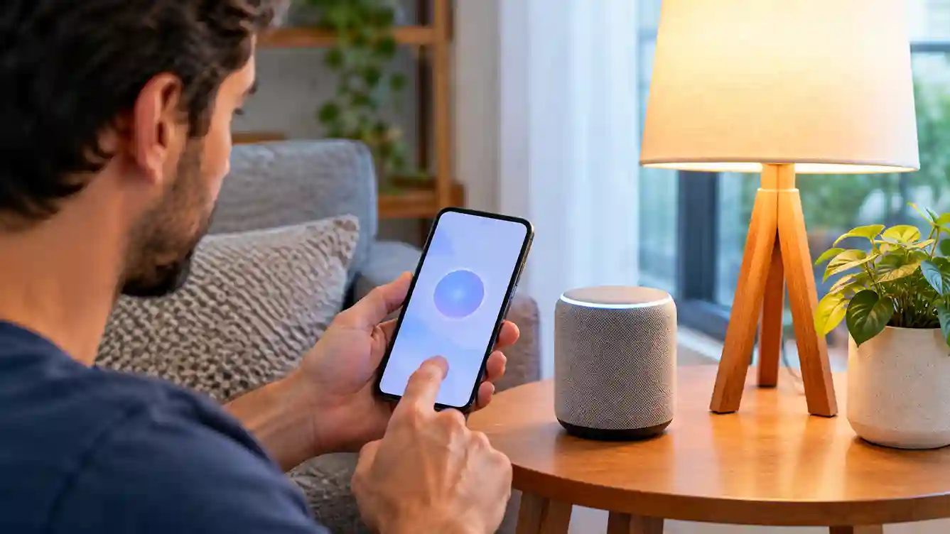 Pessoa configura pelo celular uma lâmpada inteligente instalada em um abajur.
