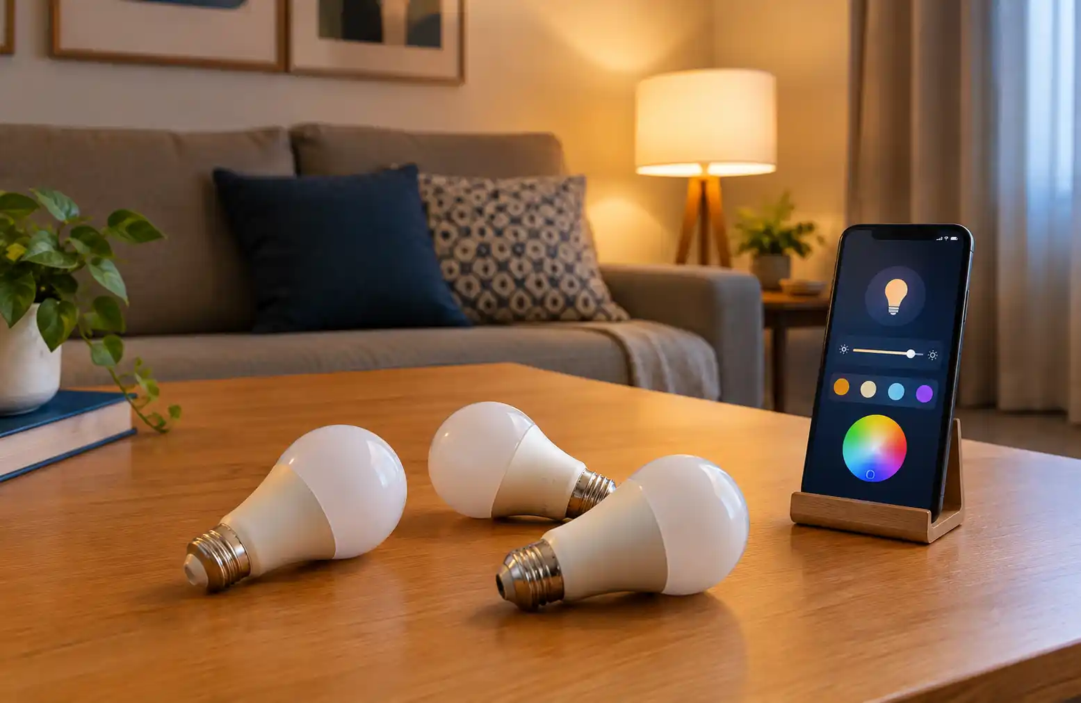 Três lâmpadas inteligentes E27 ao lado de um smartphone com controles de iluminação, ilustrando como escolher a melhor lâmpada inteligente para sua casa.