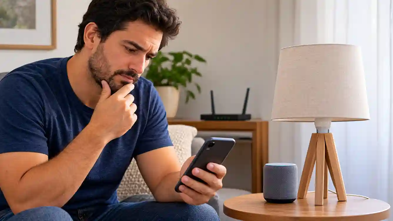 Pessoa verifica no celular uma lâmpada inteligente que não respondeu à conexão.